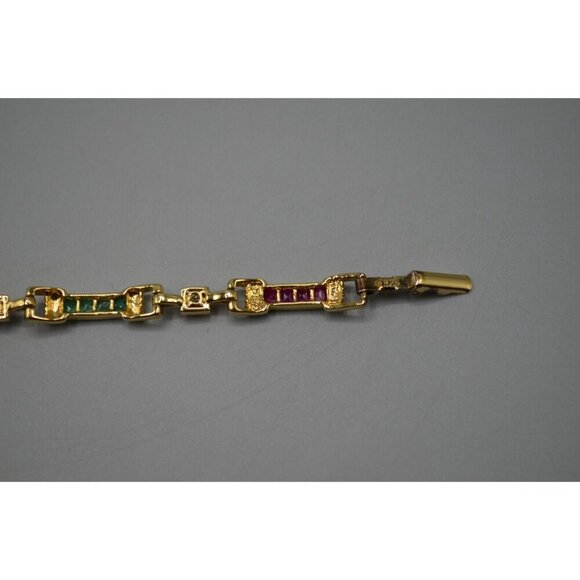 Gemstone Rectangle Link Bracelet Sterling Silver 925 7.5" Pink Green Gold Tone - Picture 8 of 12